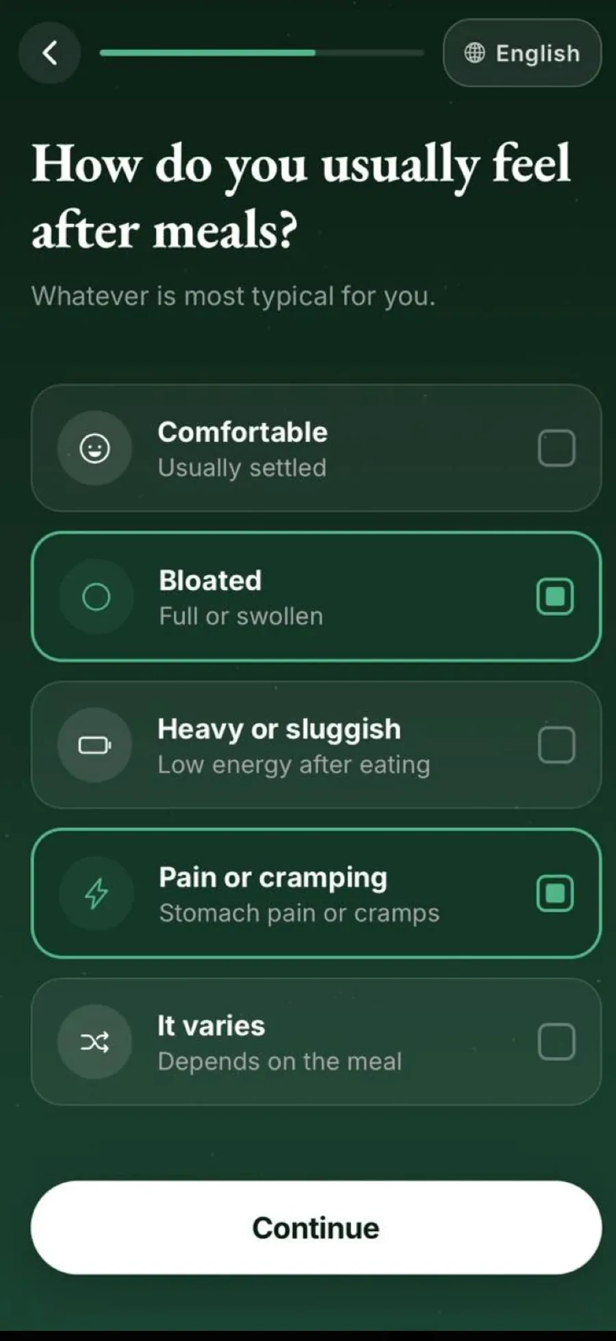 A GutWell AI setup question, "How do you usually feel after meals?", with selectable options for comfortable, bloated, heavy or sluggish, pain or cramping, and it varies.