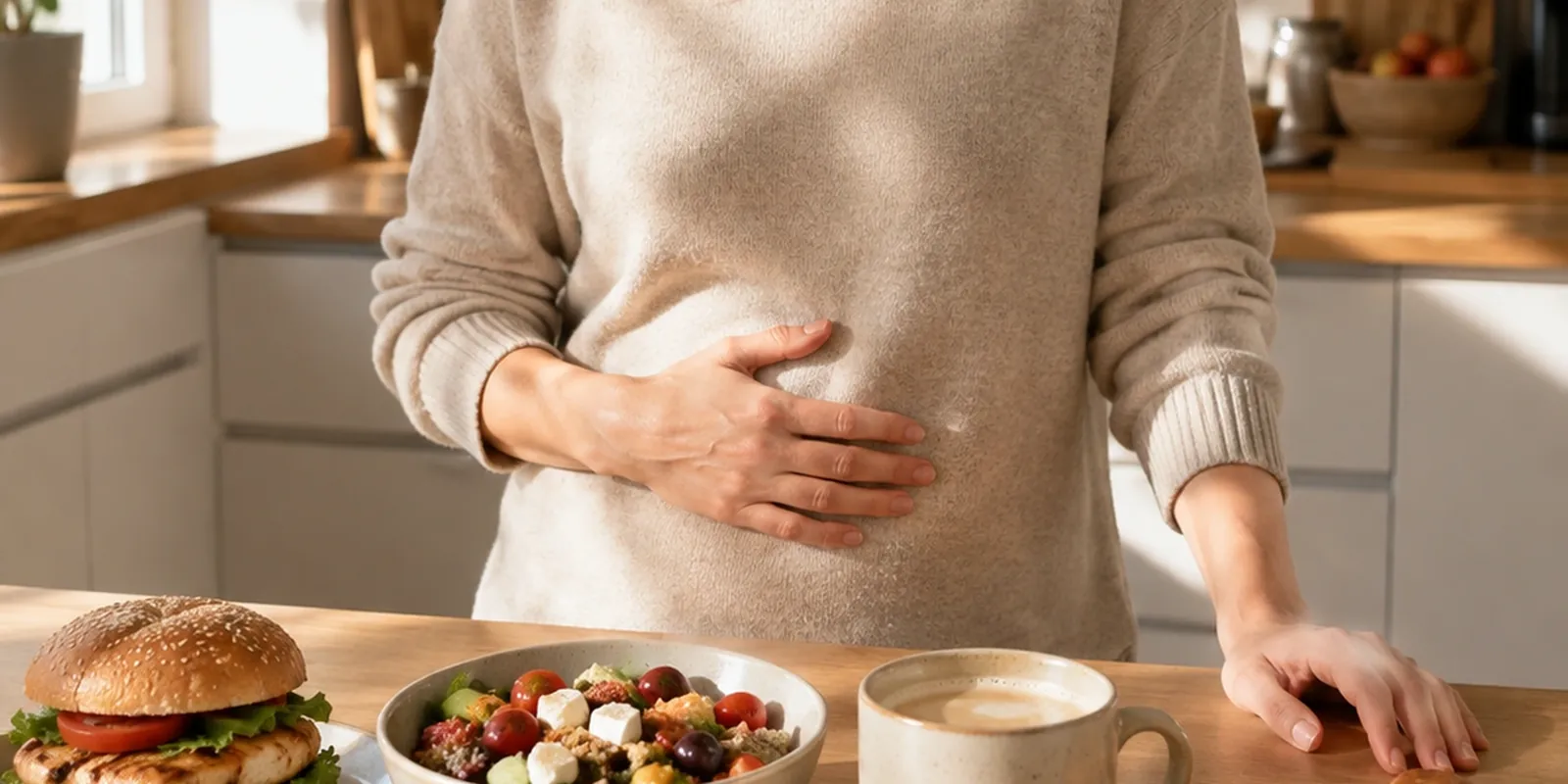 A woman standing at a kitchen counter with a hand resting on her stomach, several everyday meals in front of her.